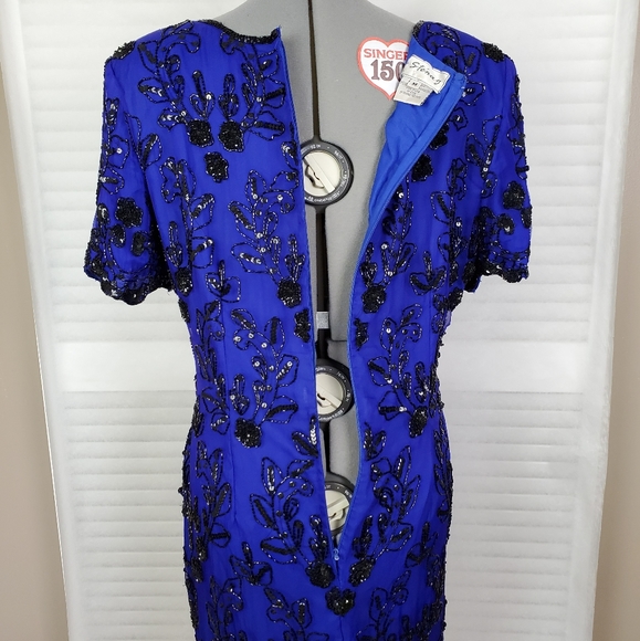 LAST CHANCE Vintage beaded sequin silk evening sheath dress M - Picture 8 of 11